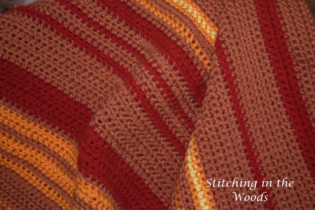 A close up of the July 2016 progress of the temperature shawl