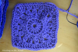 Square of temperature blanket in all lavender due to temperatures not getting over 19