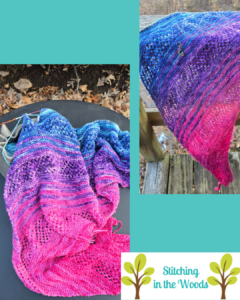 A purple pink and blue shawl lies on a table and is draped on a deck railing in a collage of images. Stitching in the Woods logo in the corner